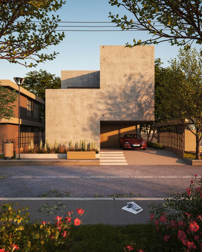 gallery-2 Contemporary minimalist house with a car parked in the garage and a serene outdoor setting.