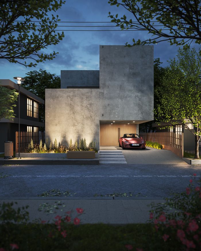 hero-img-02 Contemporary concrete house design with a sleek modern style car parked outside at dusk.