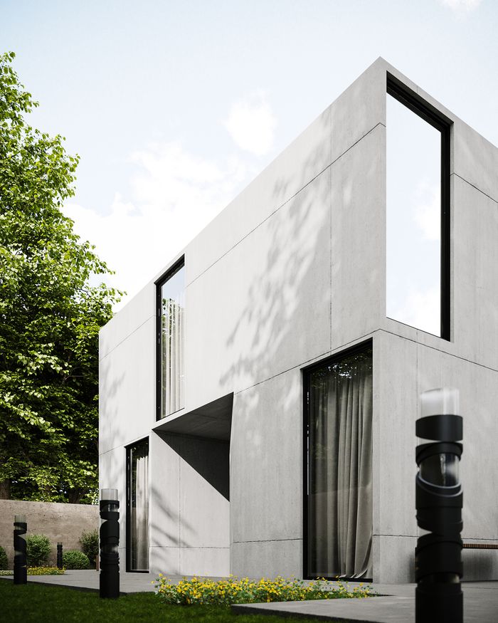 services-01 Sleek modern concrete house with large glass windows and surrounding lawn.