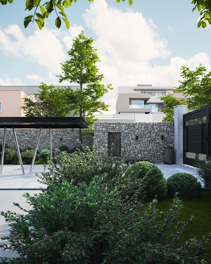 ours-journey Contemporary suburban exterior view showcasing lush garden and trees.