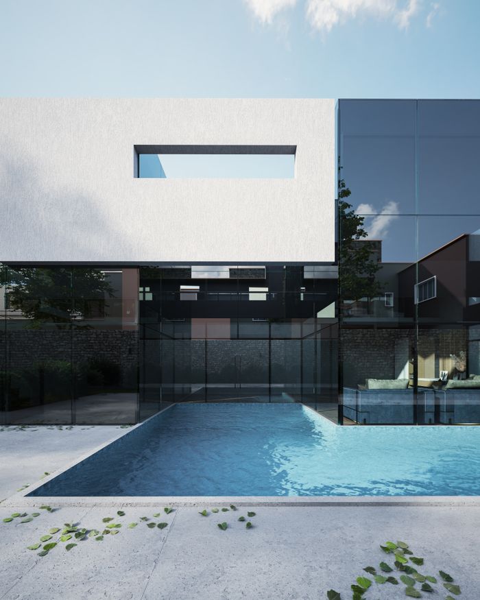 contact-img 3D rendered image of a modern minimalist house with a swimming pool in a bright outdoor setting.