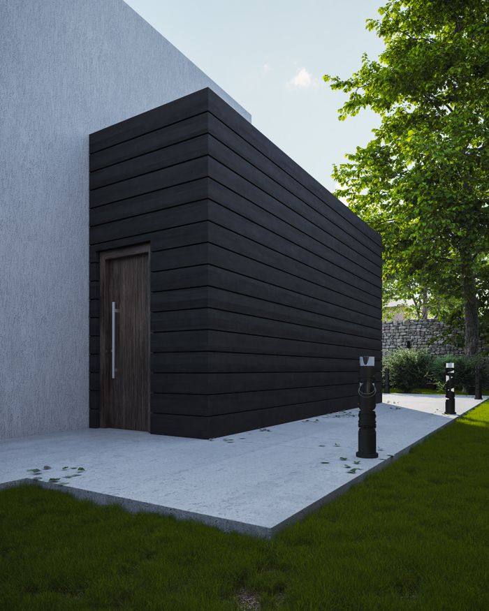 services-img A minimalist modern house entrance with sleek design elements and lush greenery in a daylight setting.
