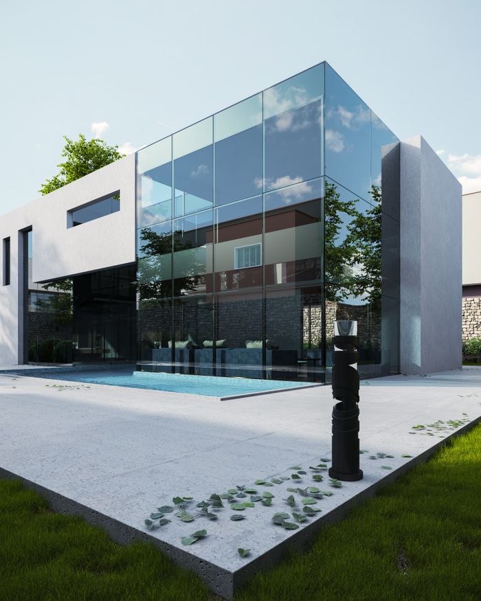about-01 Contemporary house with glass facade and pool, showcasing sleek modern architecture.
