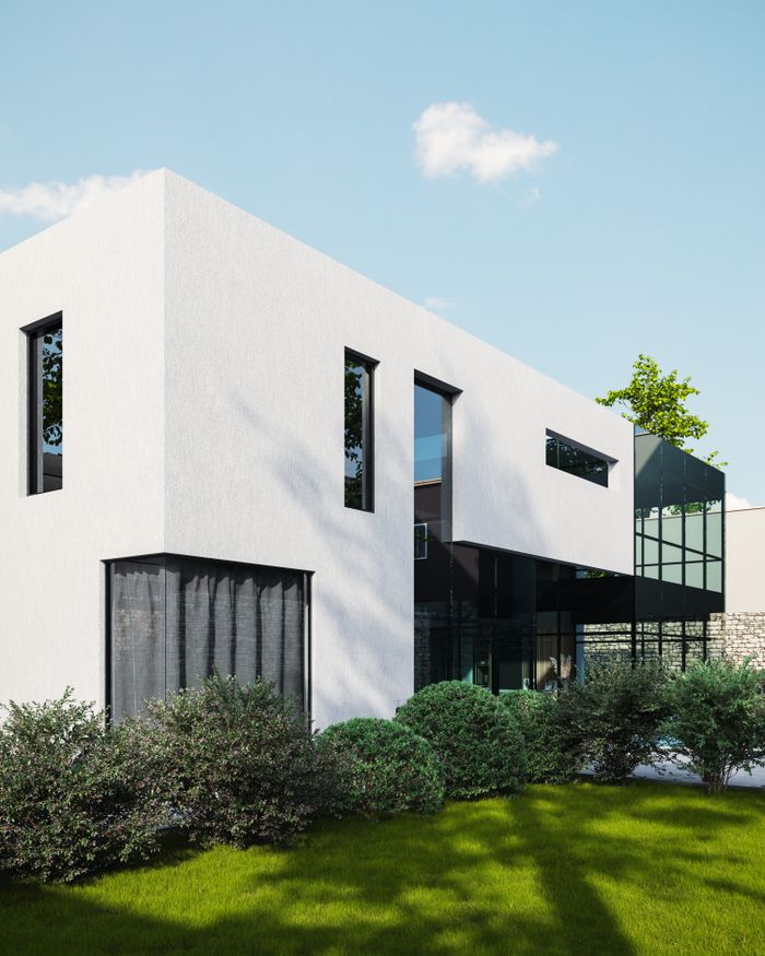 services-03 Contemporary architecture of a luxury villa with lush garden and daylight.