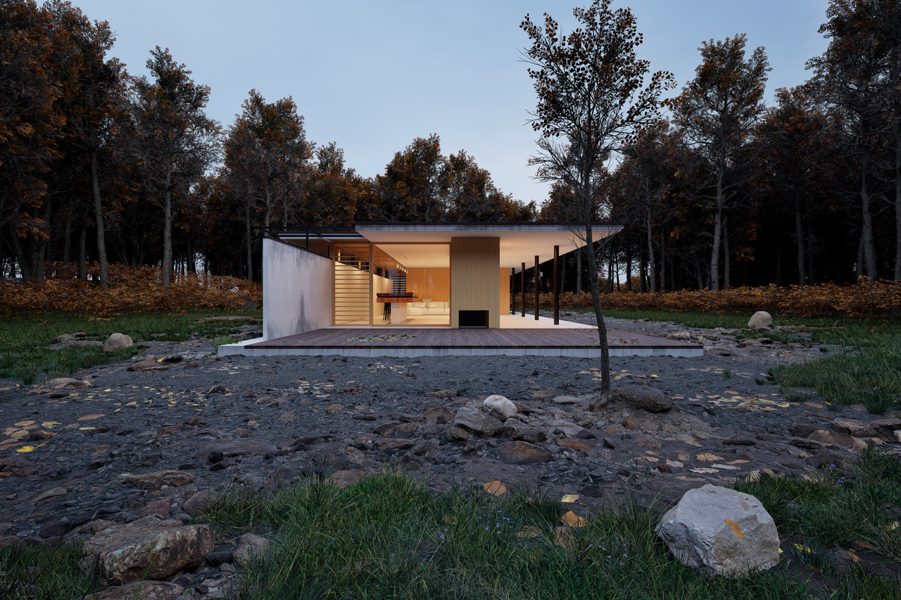 our-experience A contemporary house with minimalist design, surrounded by dense forest.