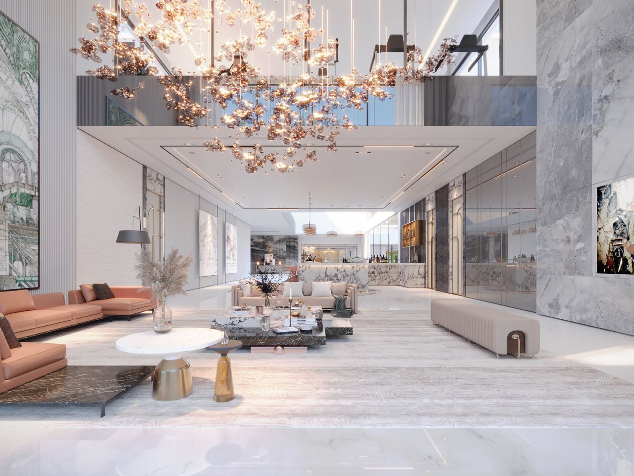 gallery-1 Spacious living room featuring luxurious decor and a stunning chandelier.