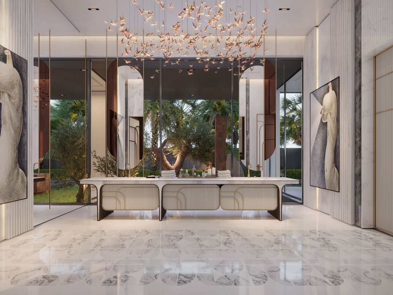 about-img Elegant interior design with marble floors and artistic elements in a luxurious space.